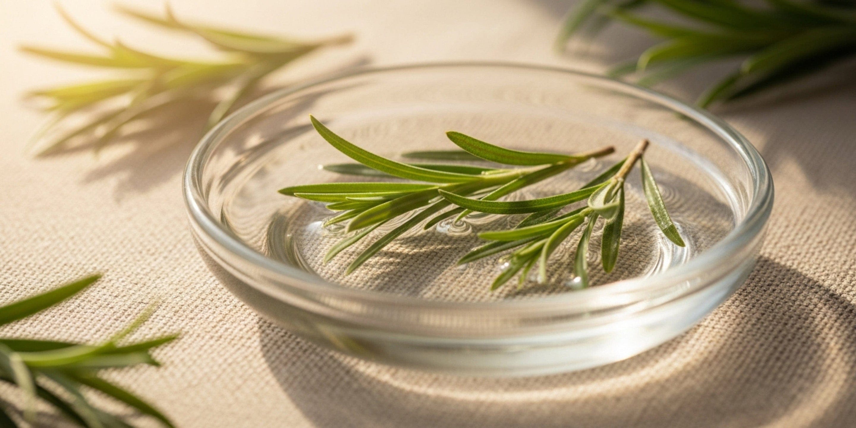 Clear glass dish with green leaves on a beige surface.