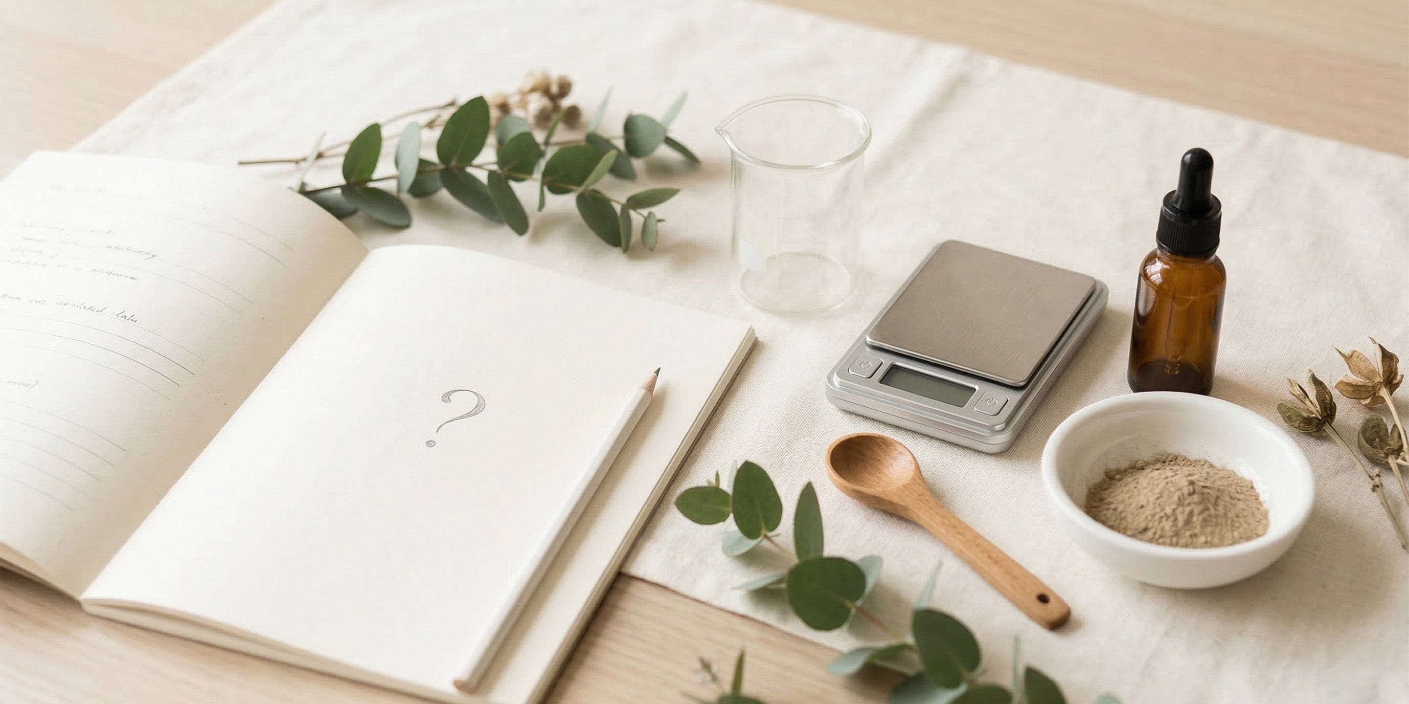Open notebook with a question mark, glass of water, scale, wooden spoon, and other items on a light surface.