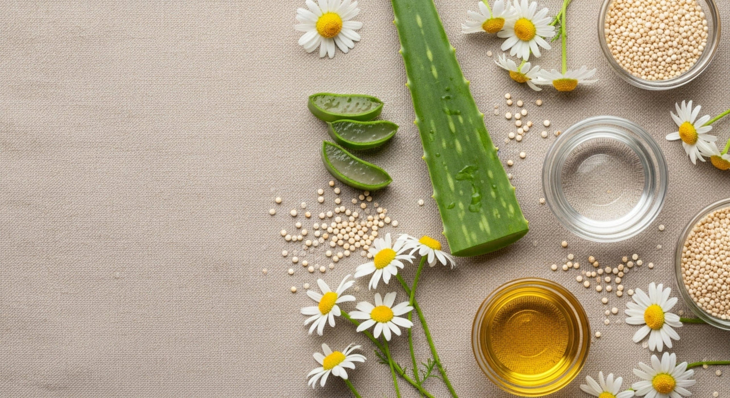 Aloe vera leaves, flowers, and a glass container on a textured surface.