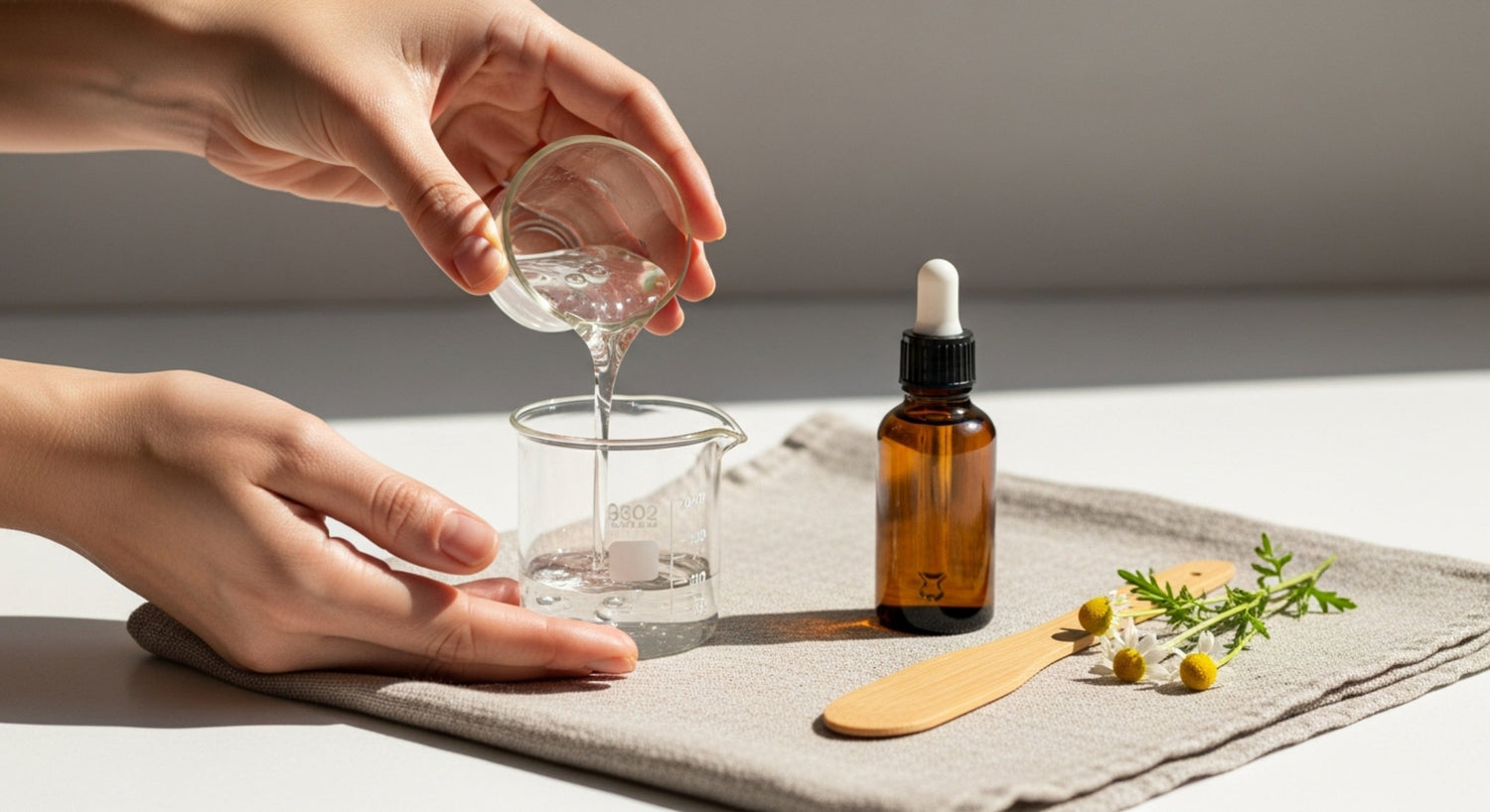 Hand pouring liquid into a glass with a dropper bottle and wooden spatula on a textured surface.