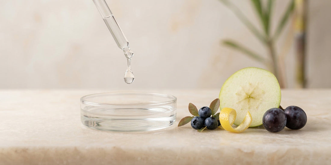 Glass container with dropper and fruits on a light background.