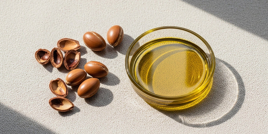Glass bowl of oil with argan seeds on a light surface.