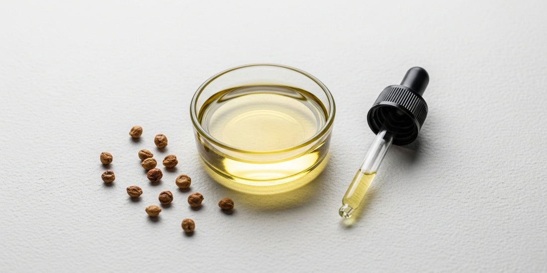 Glass bowl with oil, pepper seeds, and a dropper on a light gray background.