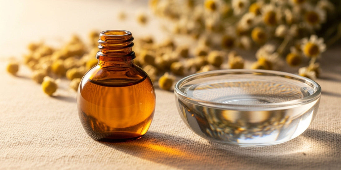 Amber glass bottle with liquid next to a clear glass bowl on a textured surface with dried flowers in the background.