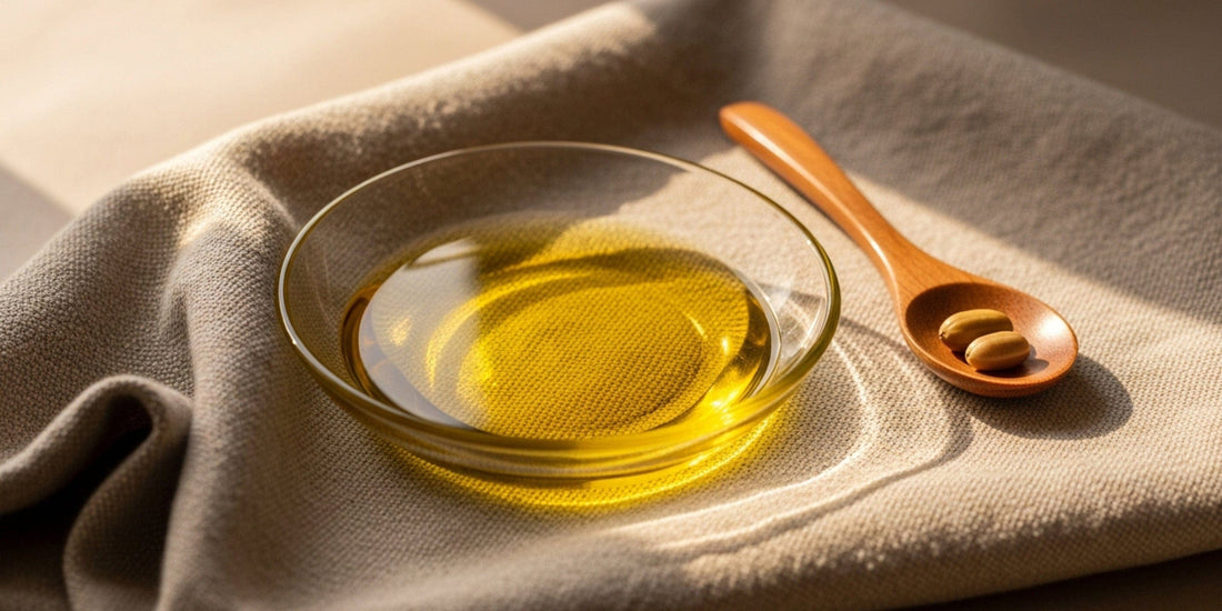 Glass bowl with oil on a textured fabric surface with a wooden spoon and honeycomb.