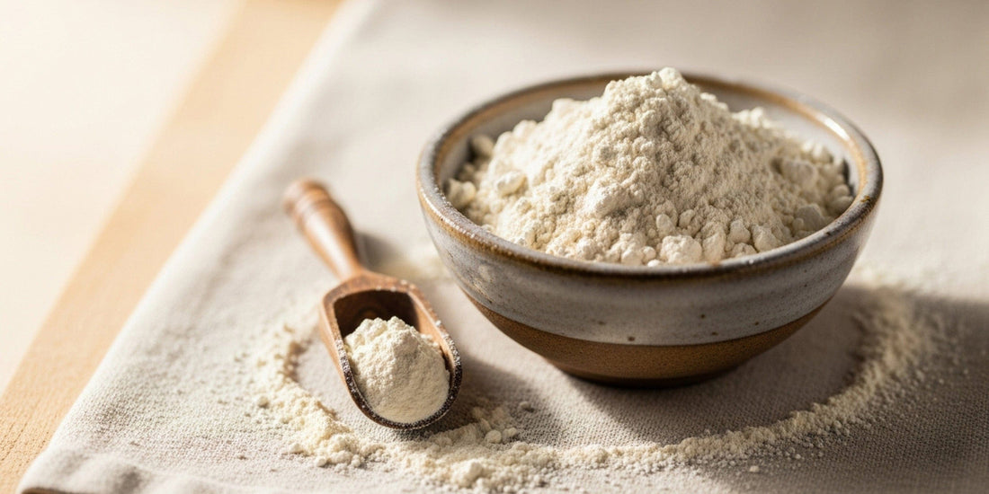 Bowl of white clay with a wooden scoop on a light cloth.