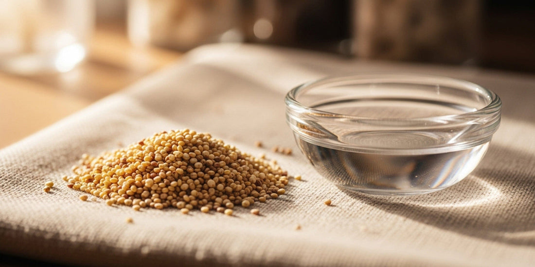 Glass bowl with water and pile of quinoa seeds on a textured surface.