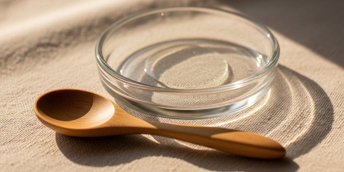Clear glass bowl and wooden spoon on a textured surface.