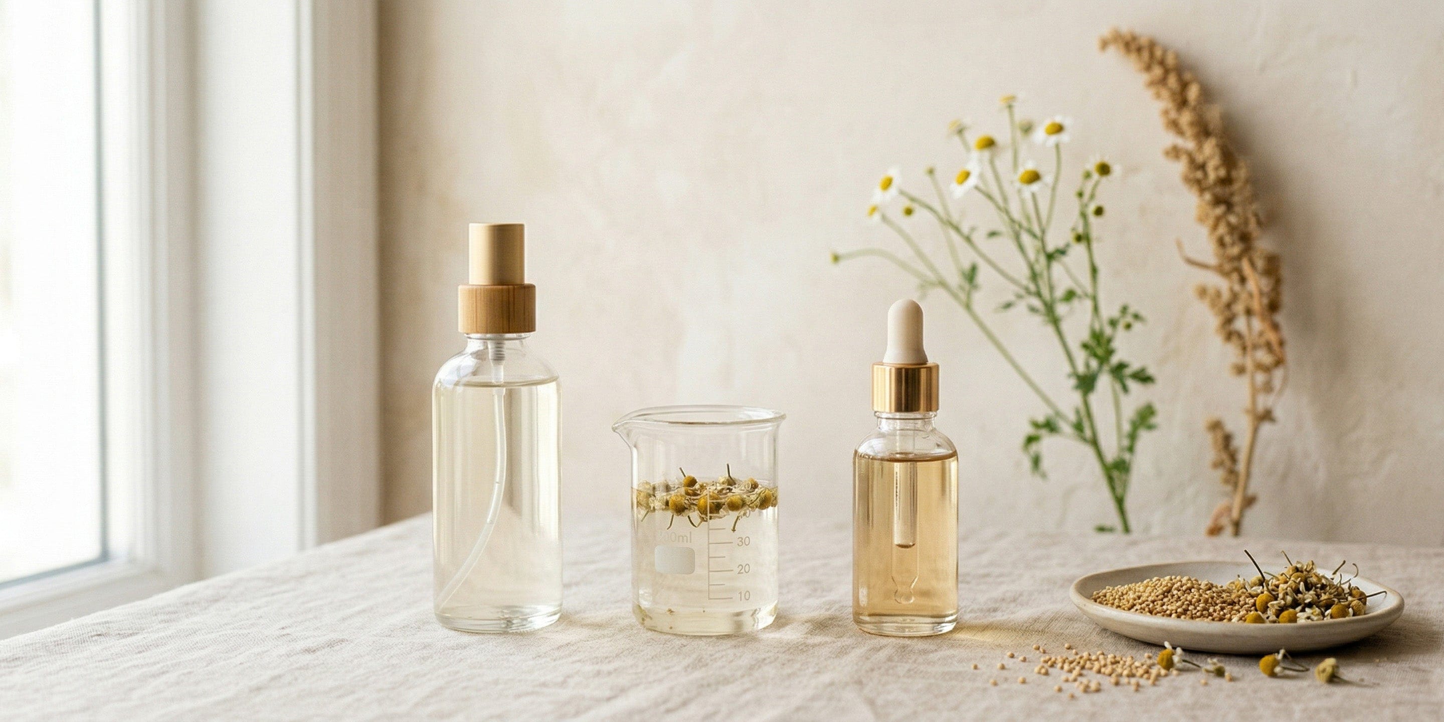 Three glass bottles with droppers on a light surface with a neutral background.