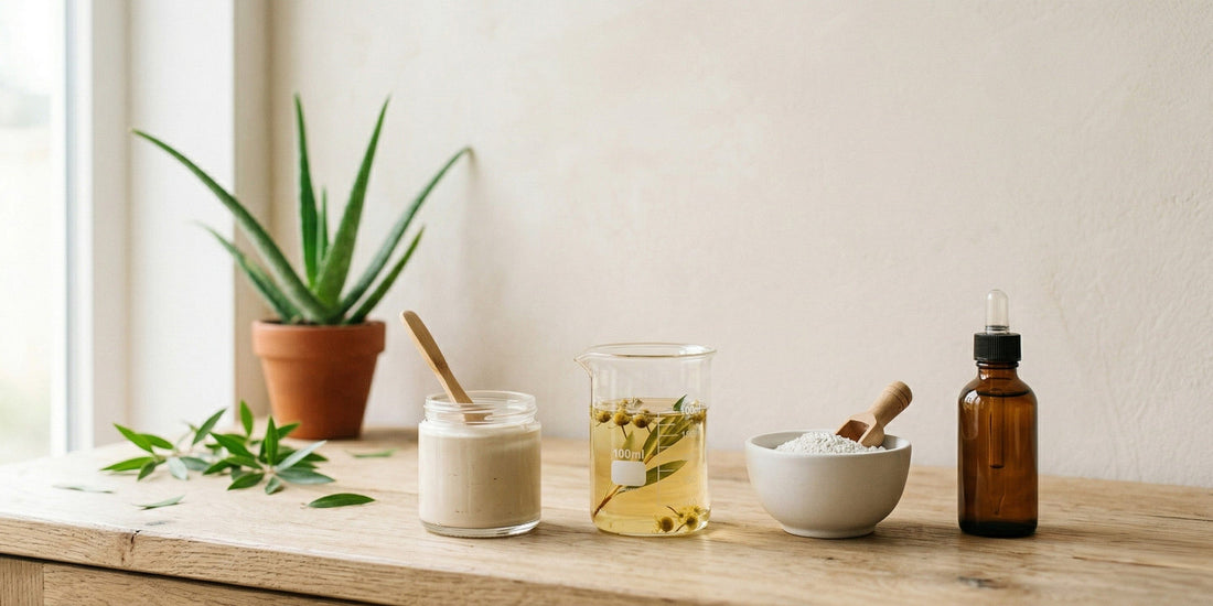 Table with various items including a glass of water, a jar, a bowl, and a bottle on a wooden surface.