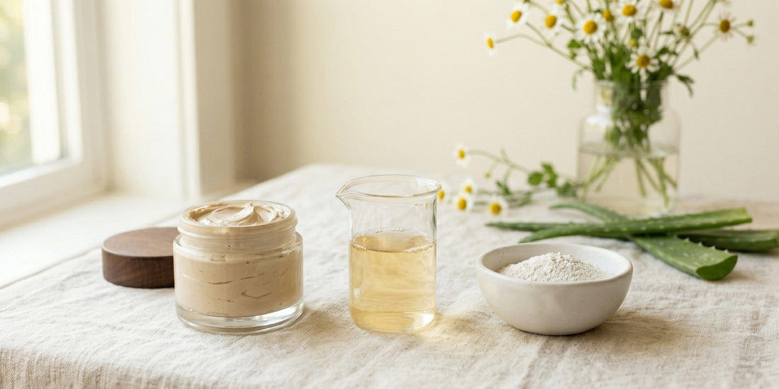Cosmetic products on a table with a vase of flowers in the background.