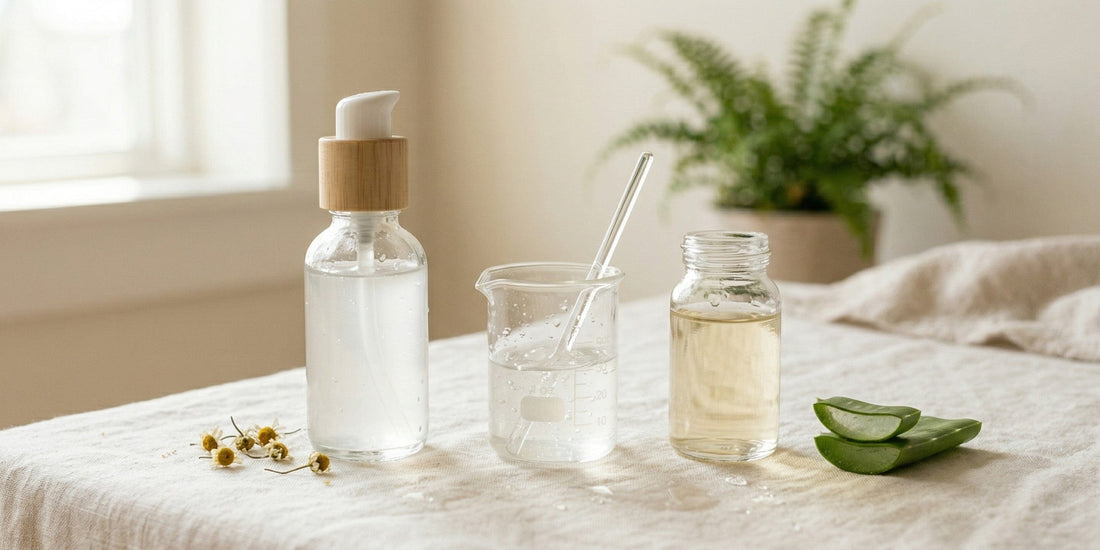 Clear glass bottles with natural elements on a light surface.