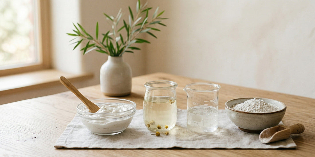 Bowl of white clay, glass of aloe vera gel, and small plant on a wooden table.