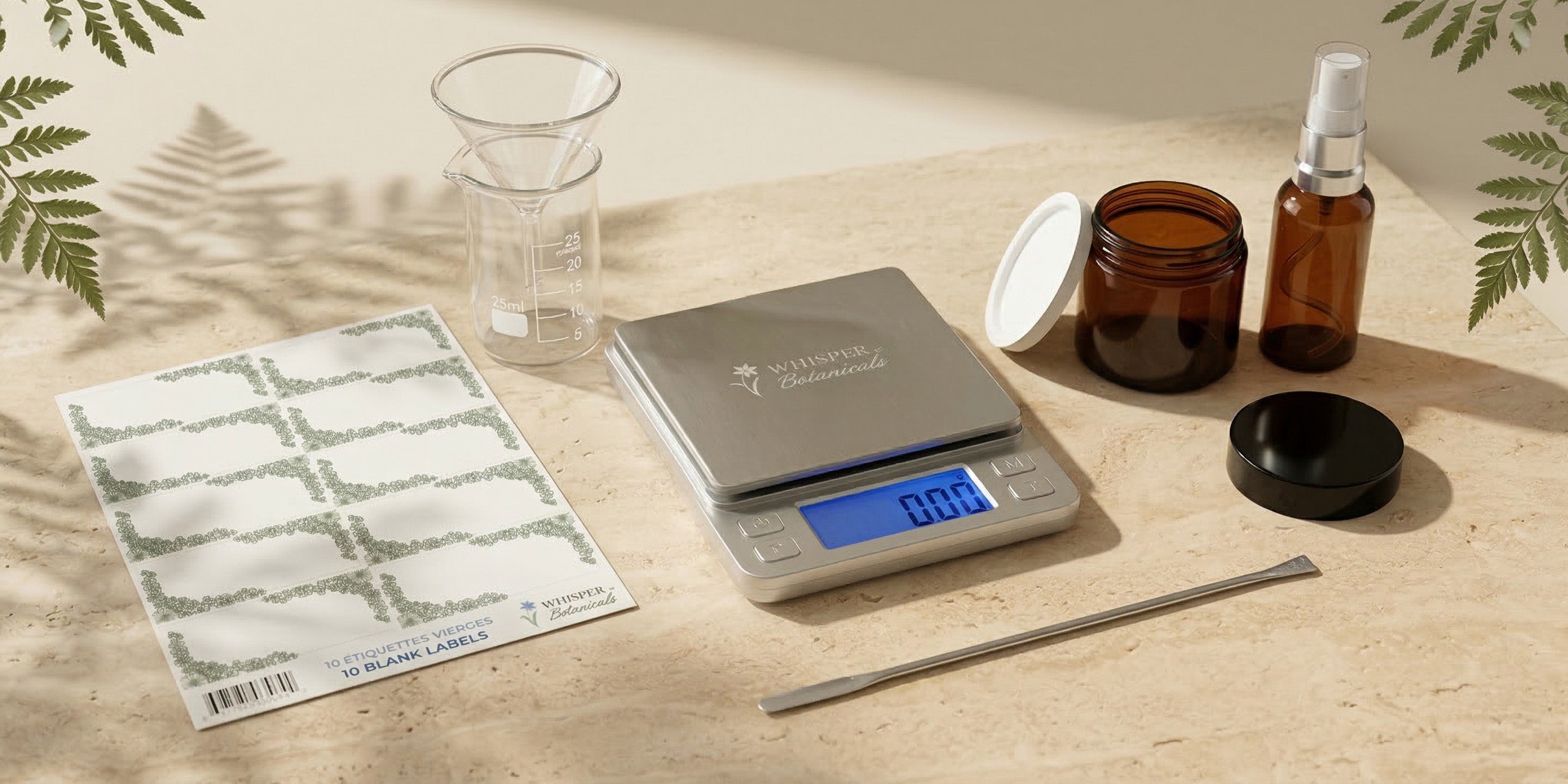 Digital scale on a wooden surface with jars, a spoon, and a label in the background.
