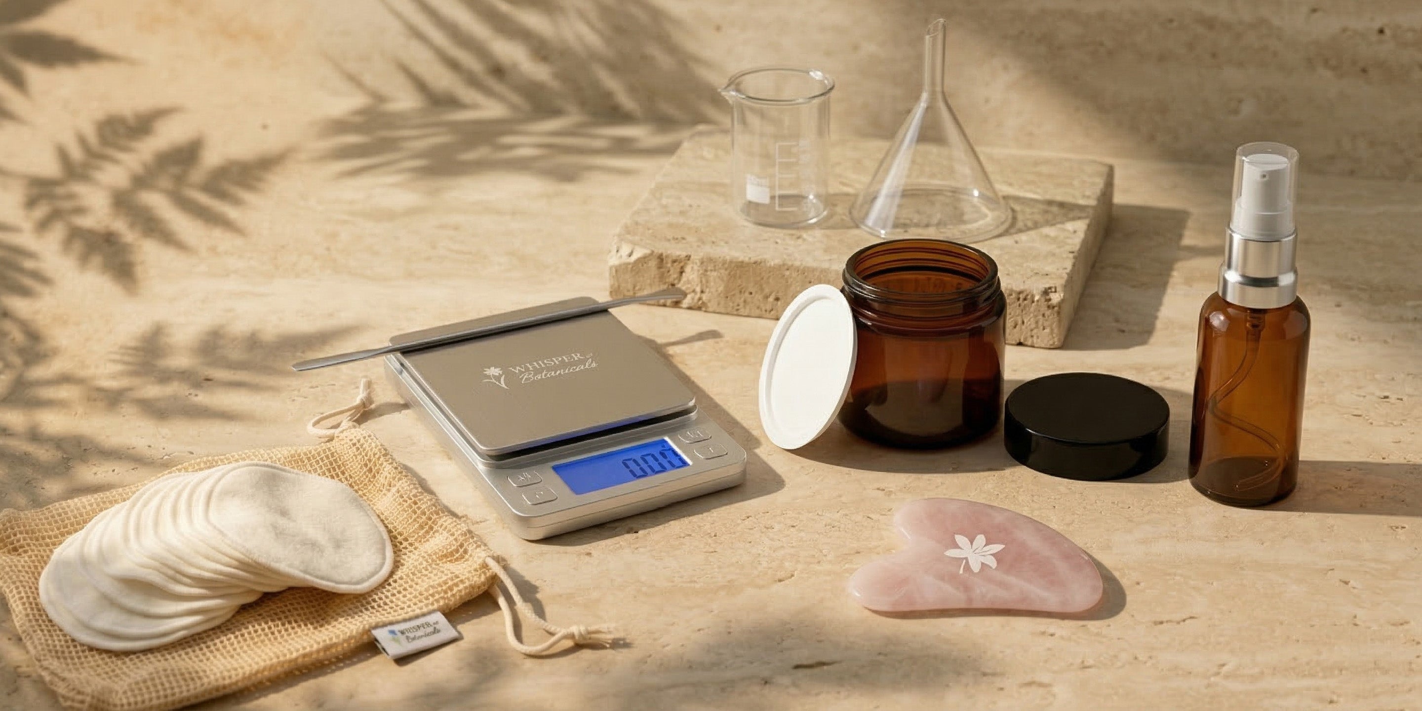 Skincare products and tools on a wooden surface with a natural light setting.