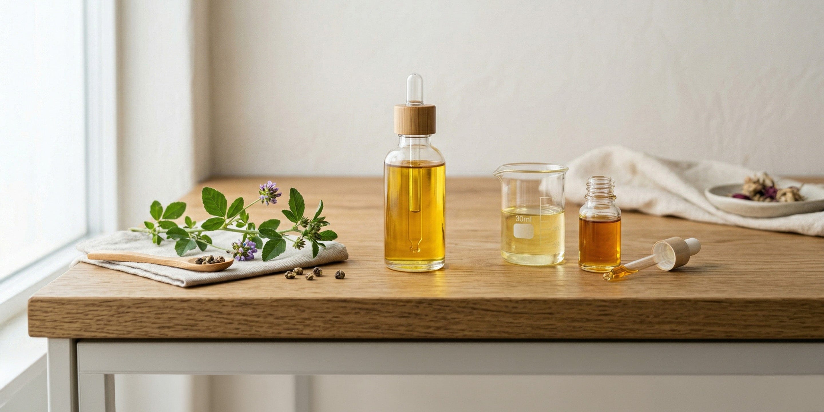 Two glass bottles with droppers on a wooden table with a light background.