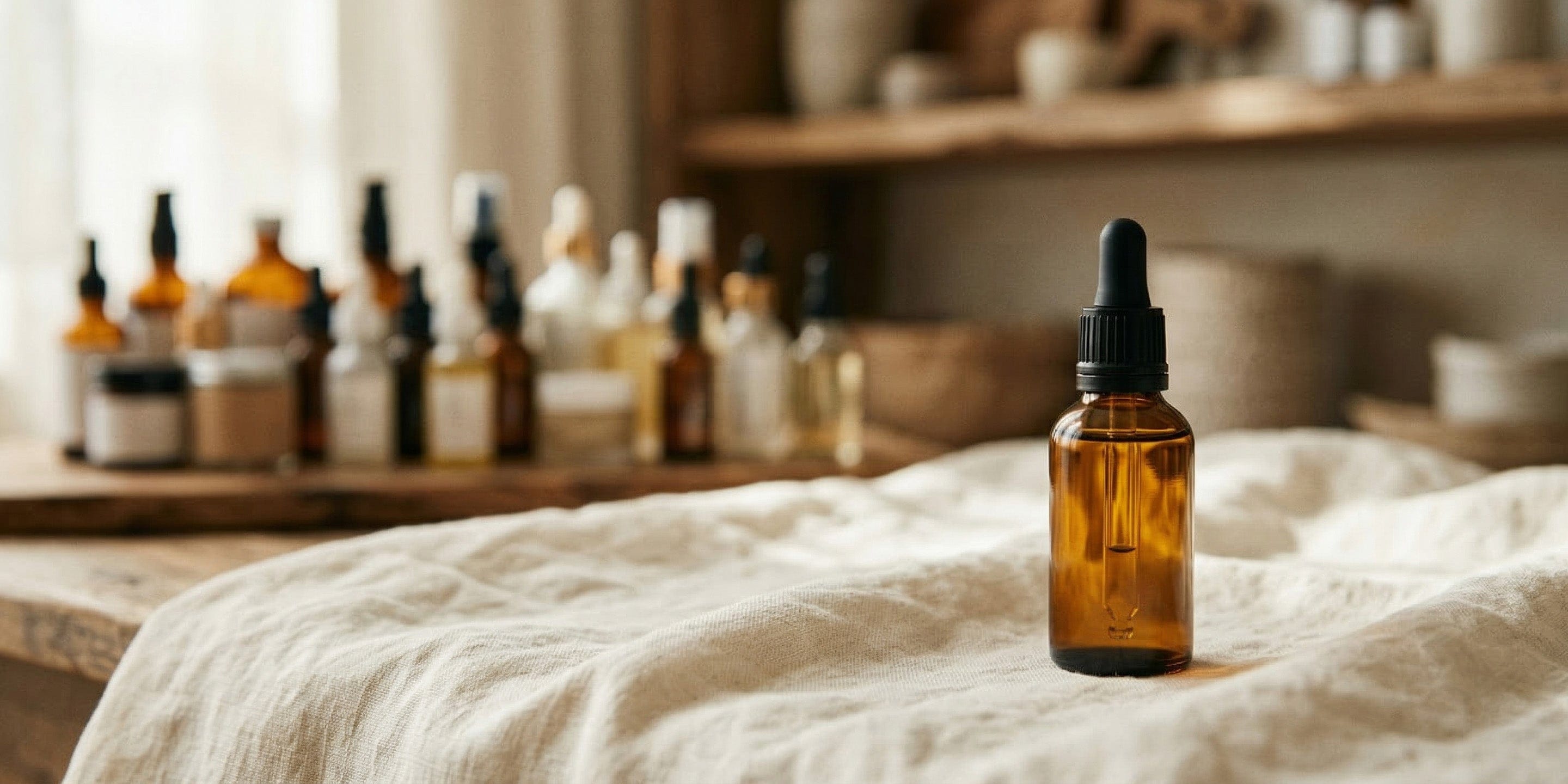 Amber glass dropper bottle on a textured surface with a blurred background of similar bottles.