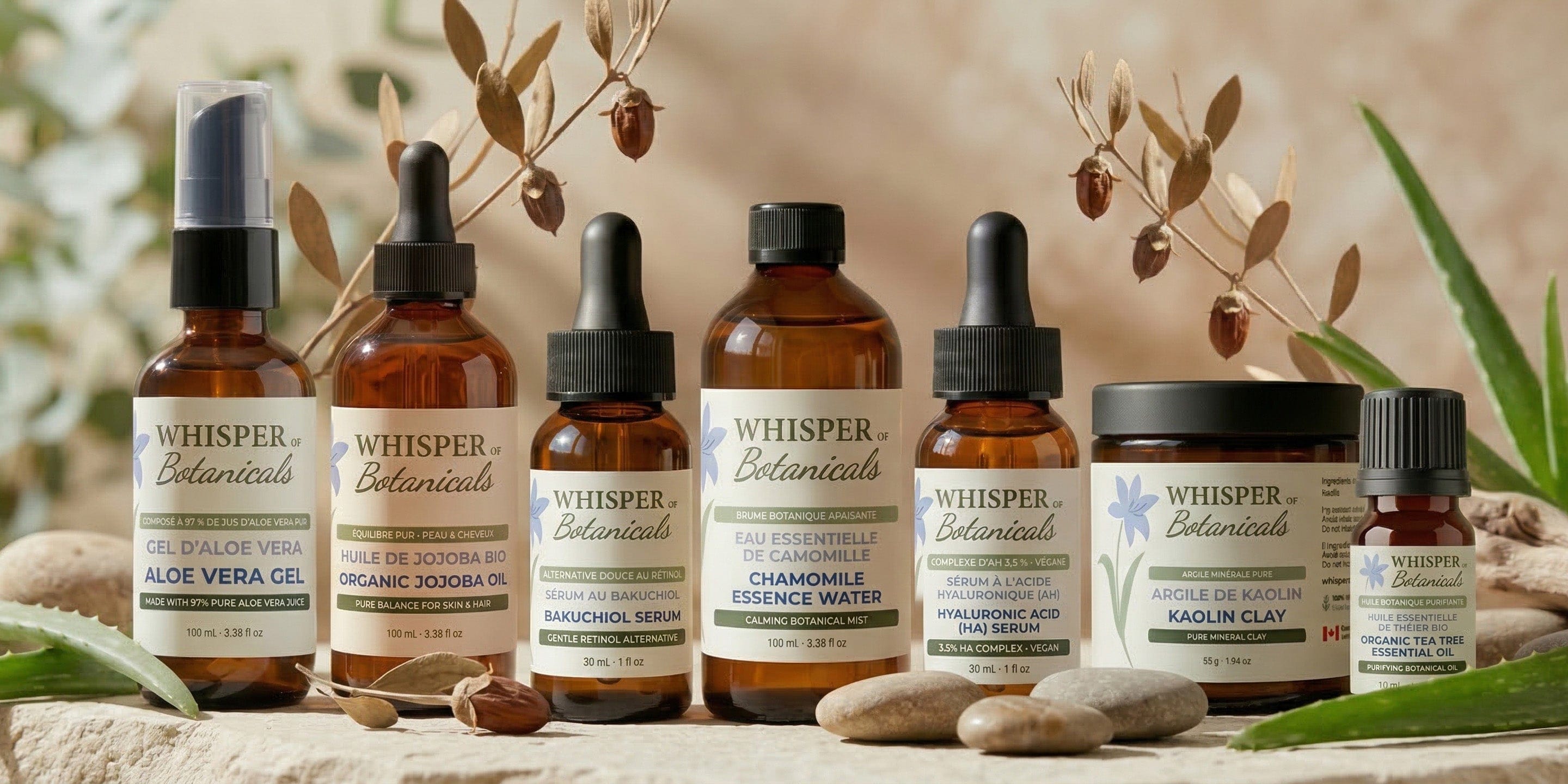 Collection of 'Whisper of Botanicals' skincare products on a natural background with plants.