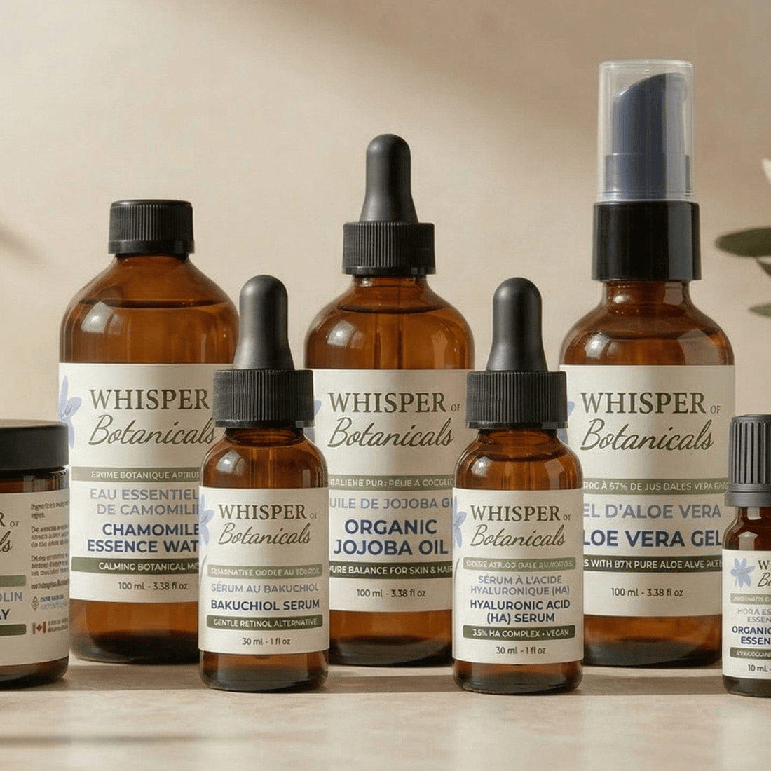 Collection of 'Whisper of Botanicals' skincare products on a natural background with plants.