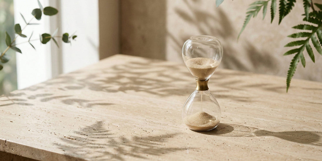 Hourglass on a wooden surface with plants in the background.