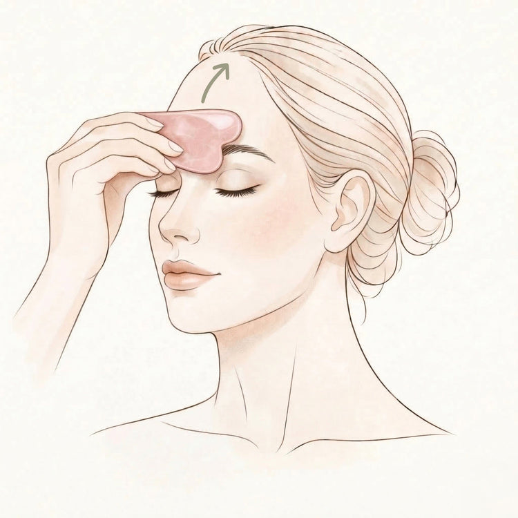 Illustration of a woman touching her forehead with a pink gua sha on a light beige background.