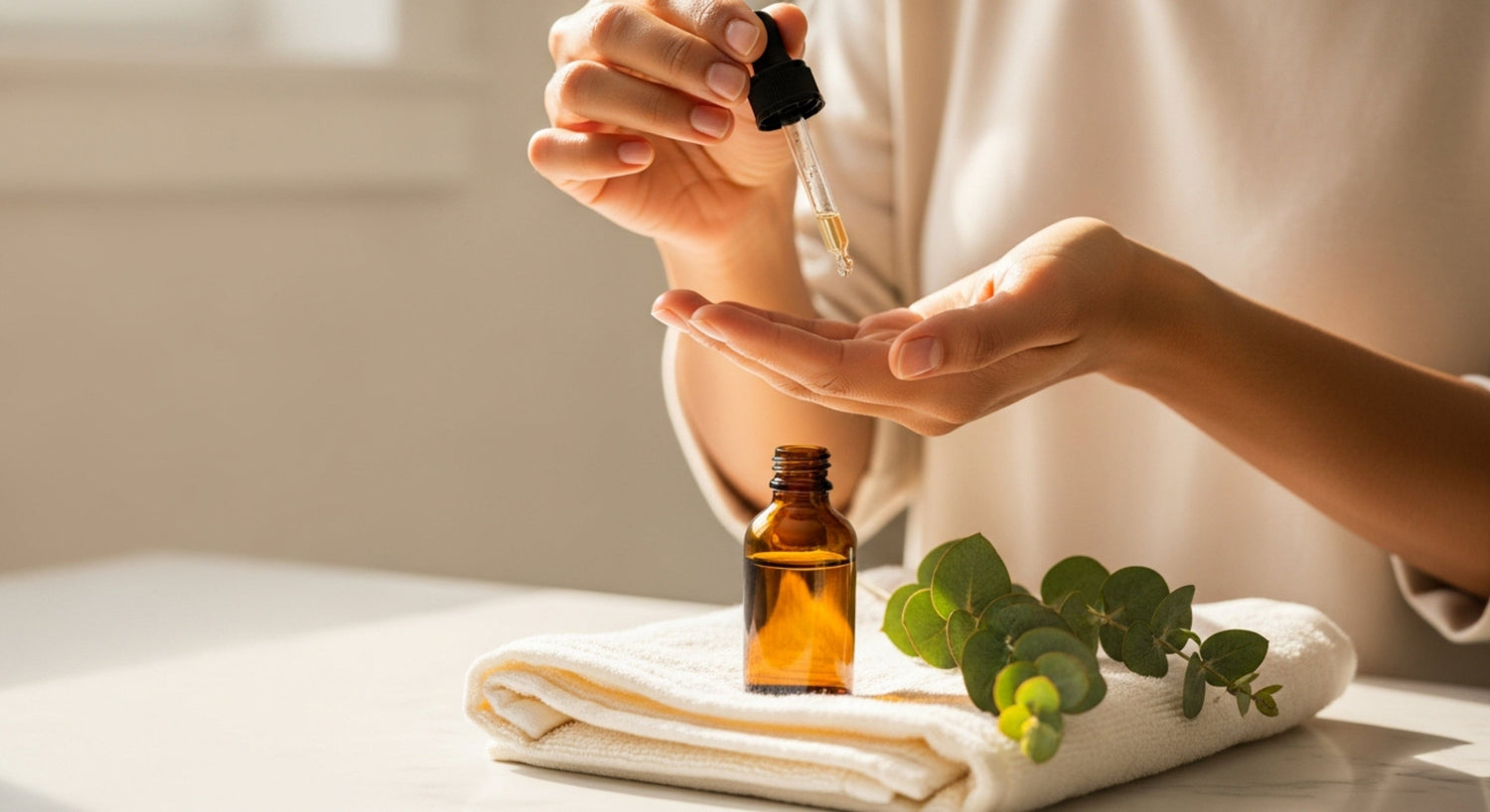 Person holding a dropper with a small bottle of oil on a white cloth with green leaves.