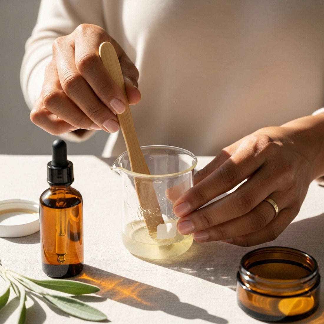 Person mixing ingredients in a beaker with a wooden spoon, surrounded by bottles and a jar on a light surface.