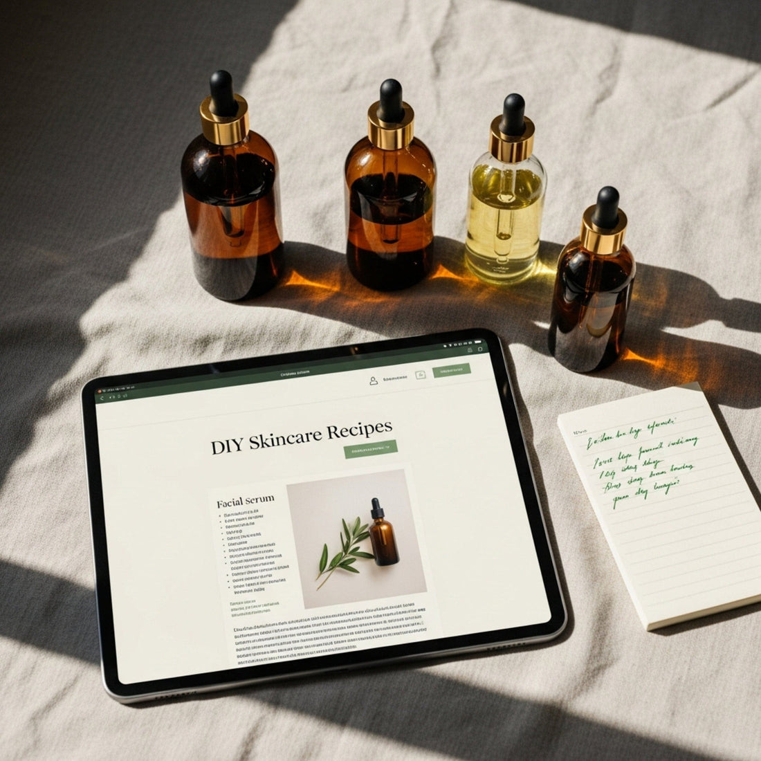Bottles of skincare oils with a tablet displaying skincare recipes on a textured surface.