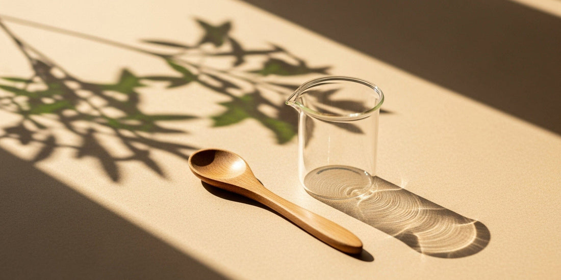 Wooden spoon and glass beaker on a beige surface with plant shadows.