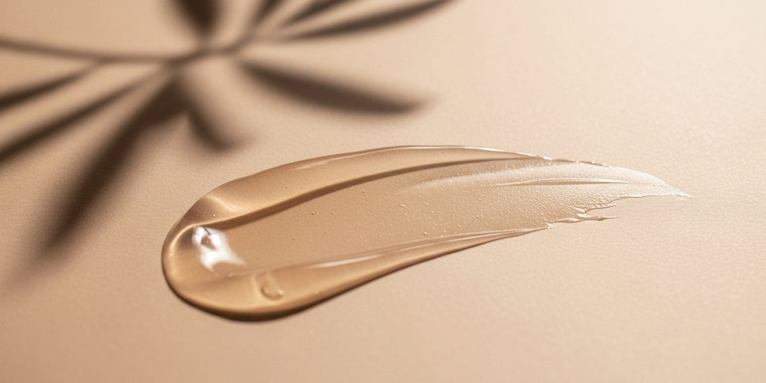 Beige cream swatch on a beige background with a leaf shadow.