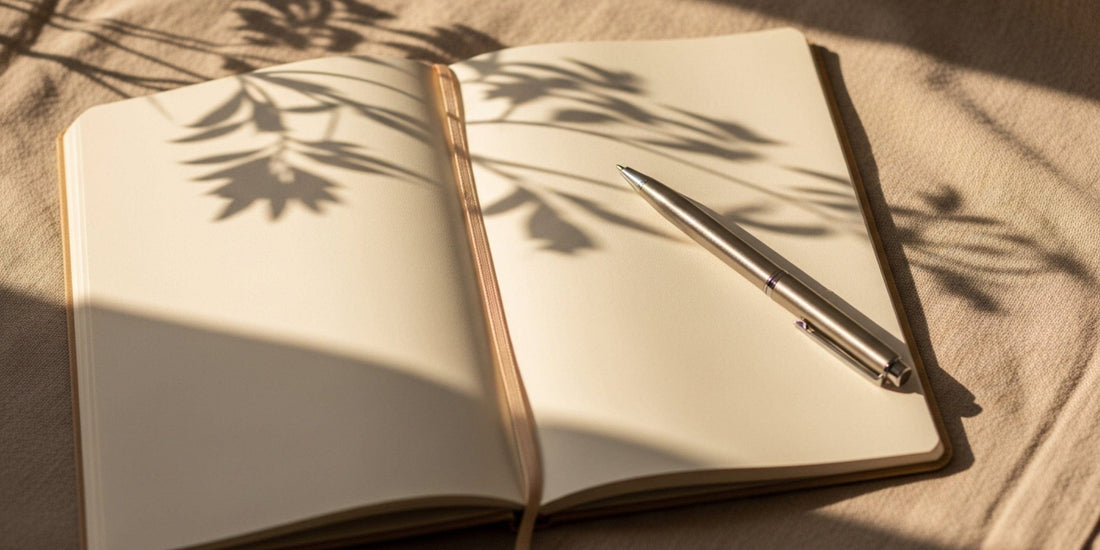 Open notebook with a pen on a textured surface with plant shadows.