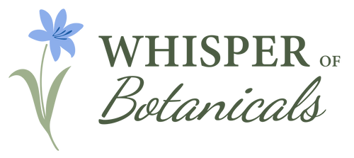 Logo of Whisper of Botanicals with a blue flower and green leaves on a green background.