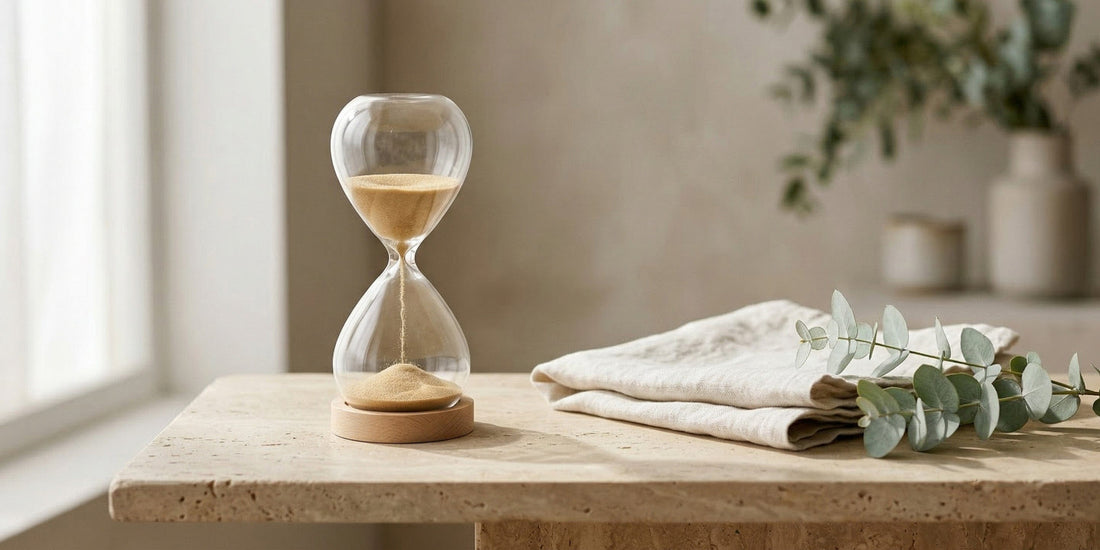 Hourglass on a wooden table with a light background.