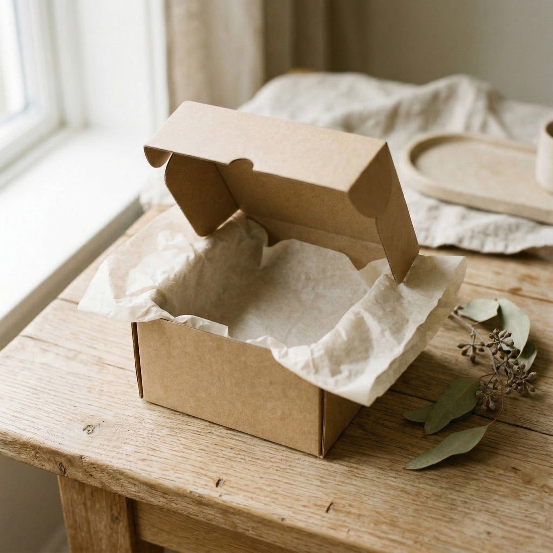 Open cardboard box with tissue paper on a wooden table near a window.