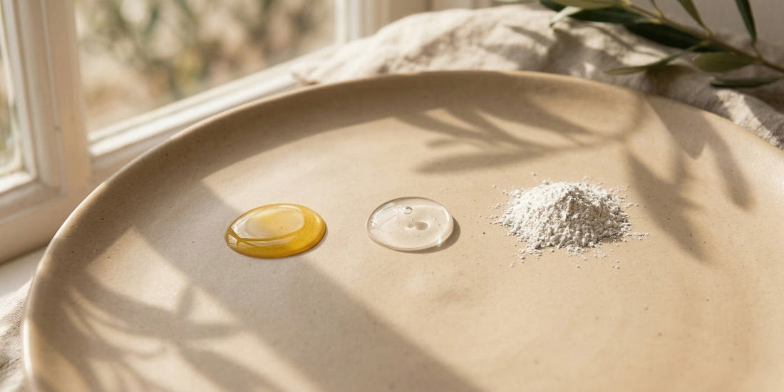 Three small cosmetic substances on a beige surface.