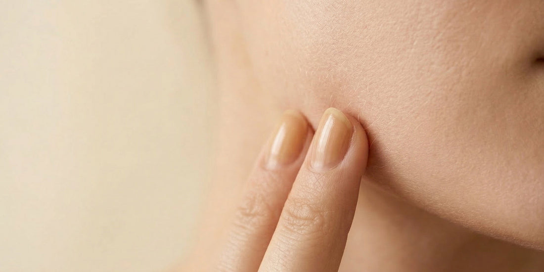 Close-up of a hand touching skin on a beige background.