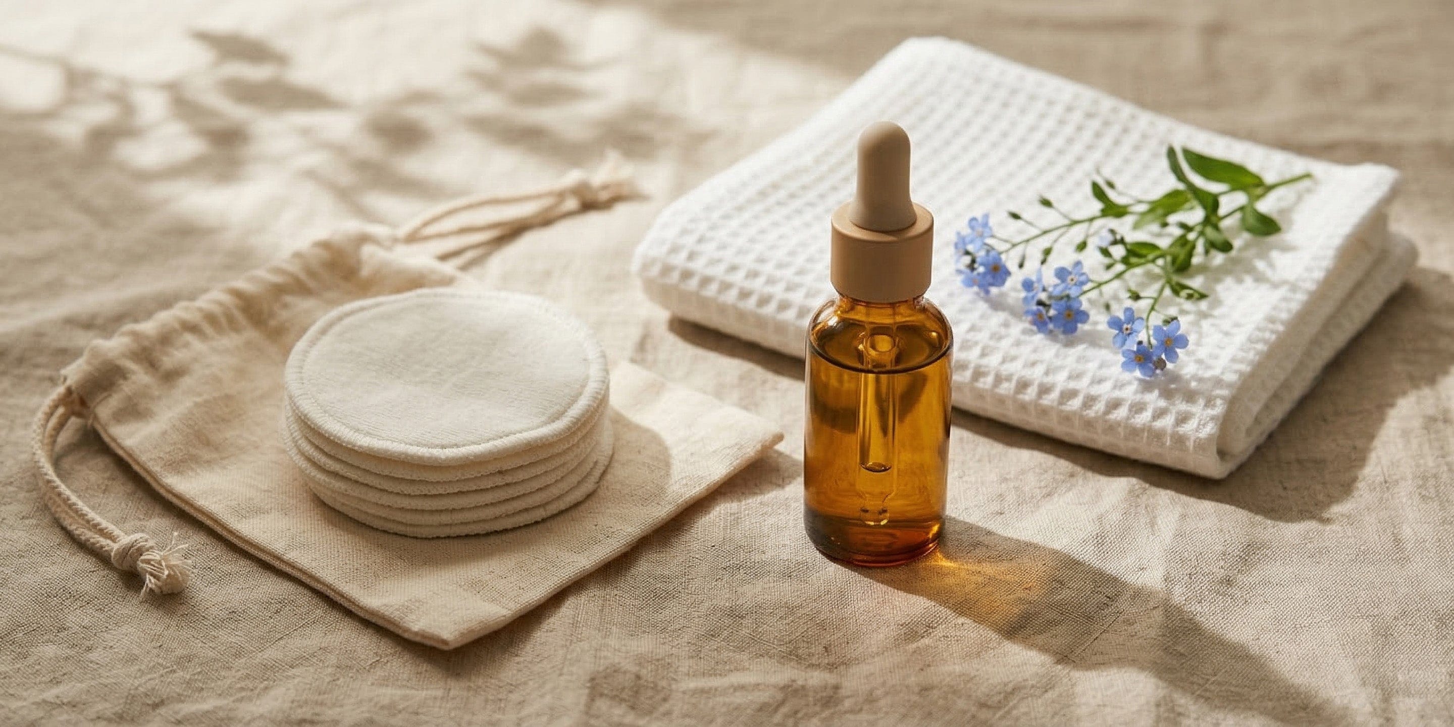 Amber glass dropper bottle with cotton pads and a white cloth on a textured surface.