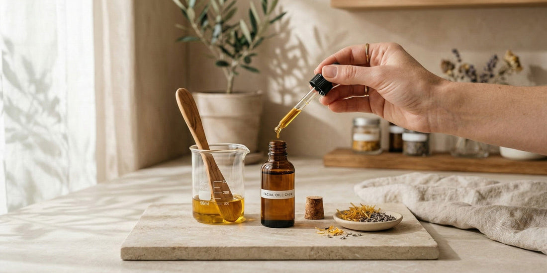 Hand pouring liquid from a dropper into a small bottle on a wooden surface with plants in the background.