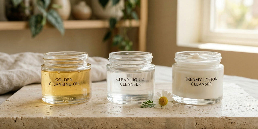 Three skincare jars labeled 'Golden Cleansing Oil', 'Clear Liquid Cleanser', and 'Creamy Lotion Cleanser' on a wooden surface.
