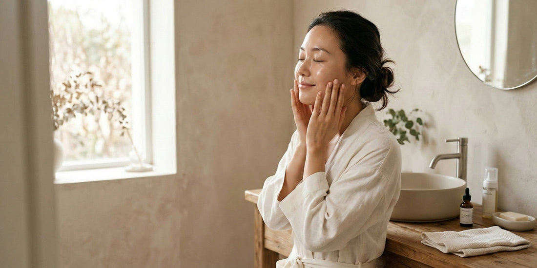 Woman in a white robe applying skincare product in a bathroom.