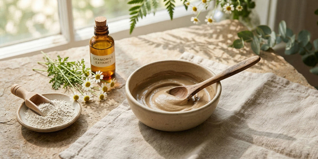 Herbal ingredients and a bowl with a wooden spoon on a textured surface near a window.