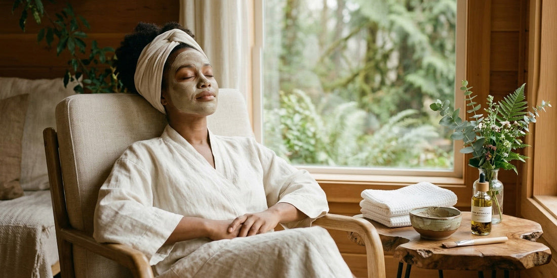 Woman in a white robe with a face mask sitting in a chair by a window with greenery outside.