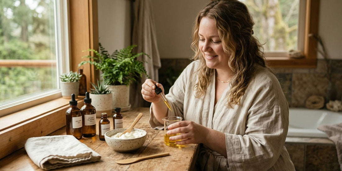 Woman in a bathrobe preparing a skincare or wellness routine in a cozy bathroom.