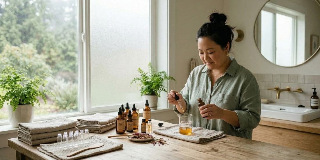 Woman in a bathroom setting with various bottles and a sink.