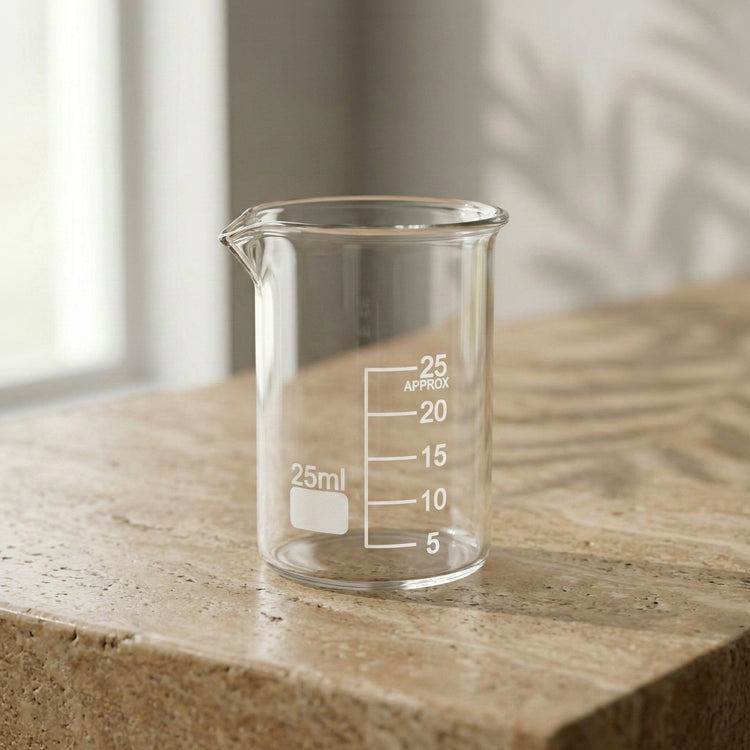 Clear glass beaker with measurement markings on a wooden surface.