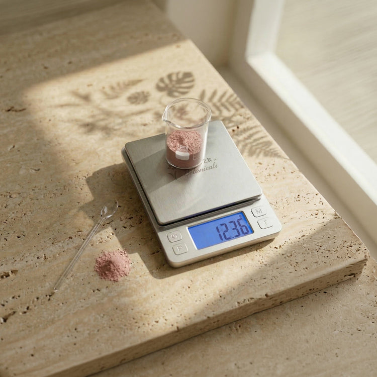 Digital kitchen scale with a glass container on a stone surface.