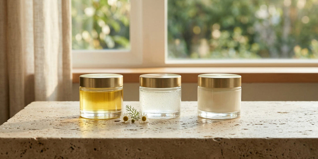 Three jars with gold lids on a wooden surface with a window in the background.