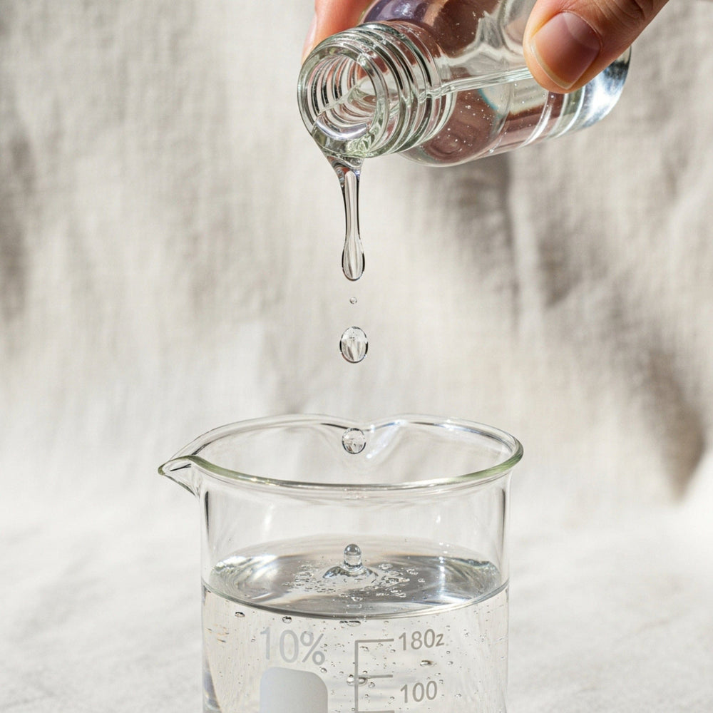 Hand pouring clear liquid from a small bottle into a beaker on a neutral background.