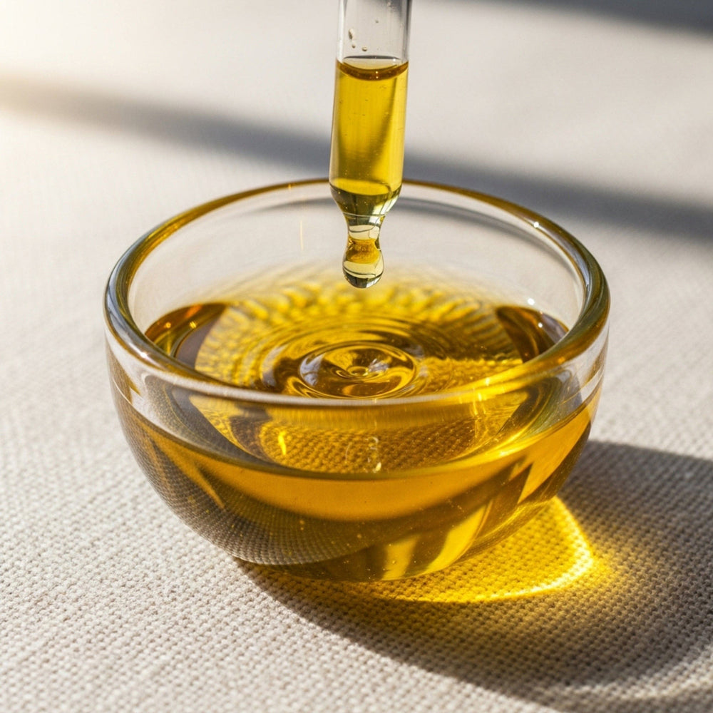 Glass bowl with yellow liquid and a dropper dripping into it on a light background.