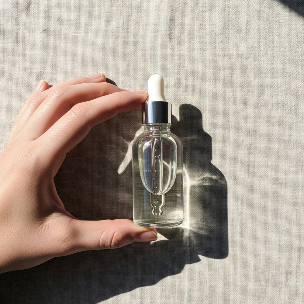 Hand holding a clear glass dropper bottle with a white cap on a textured beige background.